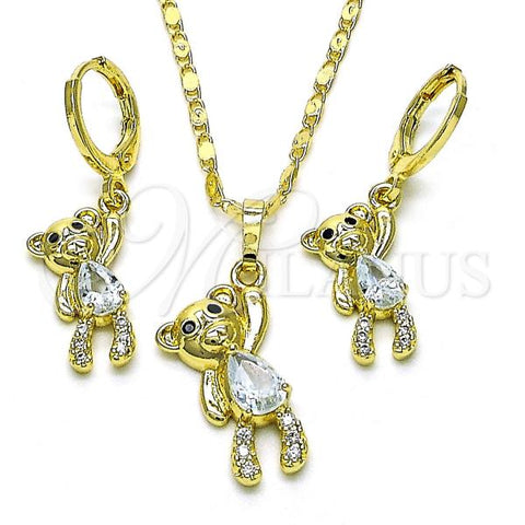Oro Laminado Earring and Pendant Adult Set, Gold Filled Style Teddy Bear Design, with White Cubic Zirconia and Black Micro Pave, Polished, Golden Finish, 10.196.0116