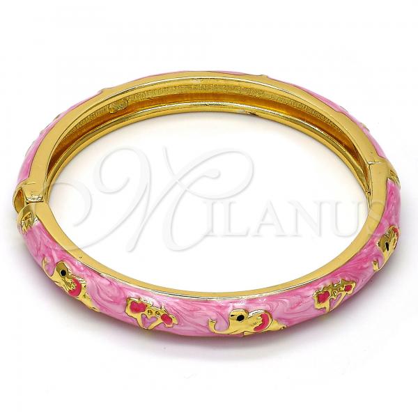 Oro Laminado Individual Bangle, Gold Filled Style Elephant and Flower Design, Pink Enamel Finish, Golden Finish, 07.246.0010.5.04 (08 MM Thickness, Size 5 - 2.50 Diameter)