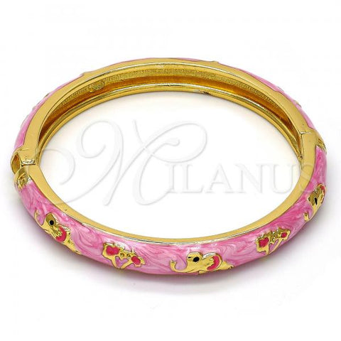 Oro Laminado Individual Bangle, Gold Filled Style Elephant and Flower Design, Pink Enamel Finish, Golden Finish, 07.246.0010.5.04 (08 MM Thickness, Size 5 - 2.50 Diameter)