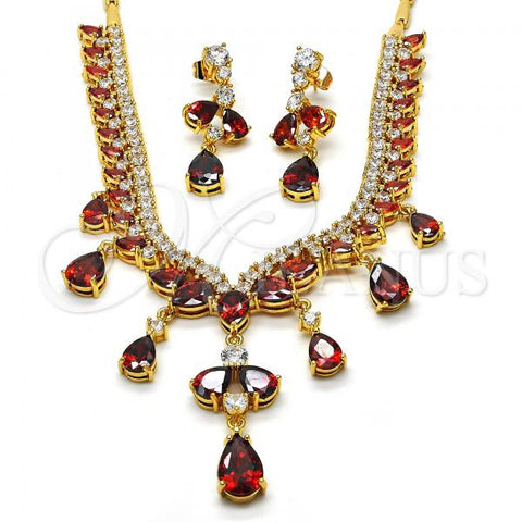 Oro Laminado Necklace and Earring, Gold Filled Style Teardrop Design, with Garnet and White Cubic Zirconia, Polished, Golden Finish, 06.221.0005.1