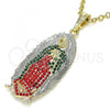 Oro Laminado Religious Pendant, Gold Filled Style Guadalupe Design, with Multicolor Crystal, Polished, Tricolor, 05.380.0059