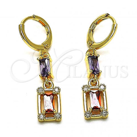 Oro Laminado Long Earring, Gold Filled Style Baguette Design, with Garnet and Amethyst Cubic Zirconia, Polished, Golden Finish, 02.357.0070