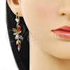 Oro Laminado Long Earring, Gold Filled Style Flower and Leaf Design, with Multicolor Cubic Zirconia, Polished, Golden Finish, 02.210.0833.2