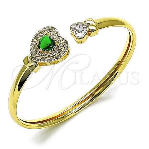 Oro Laminado Individual Bangle, Gold Filled Style Heart and Cluster Design, with Green and White Cubic Zirconia, Polished, Golden Finish, 07.424.0001.1