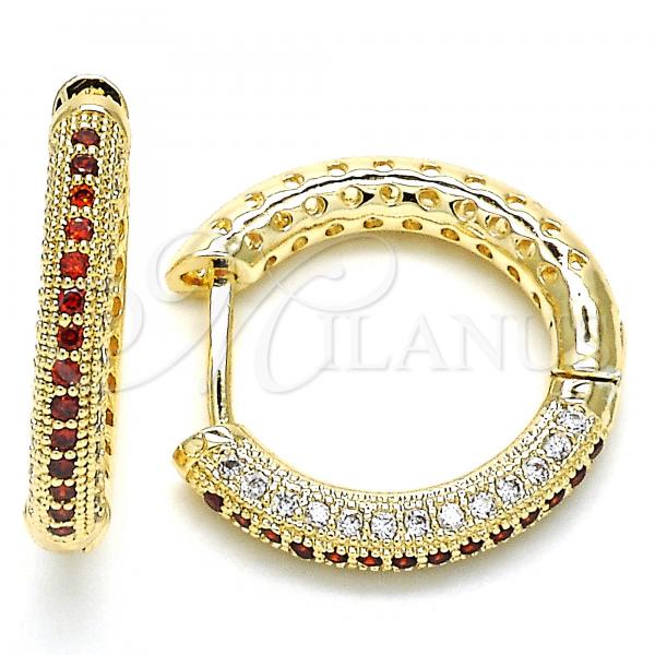 Oro Laminado Huggie Hoop, Gold Filled Style with Garnet and White Micro Pave, Polished, Golden Finish, 02.264.0006.3.20