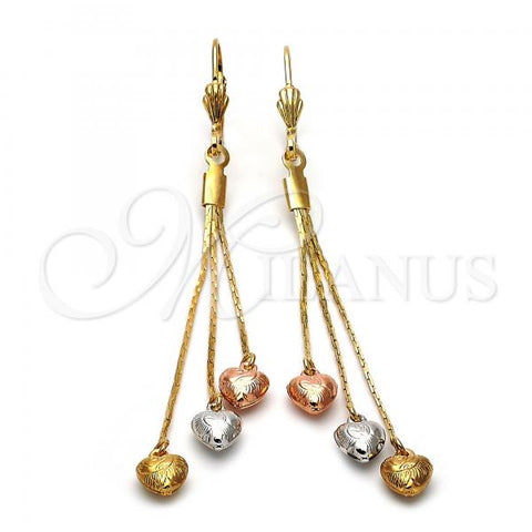 Oro Laminado Long Earring, Gold Filled Style Heart and Long Box Design, Diamond Cutting Finish, Tricolor, 02.63.2111