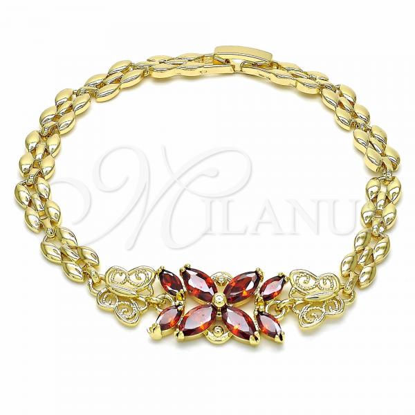 Oro Laminado Fancy Bracelet, Gold Filled Style Flower and Butterfly Design, with Garnet Cubic Zirconia, Polished, Golden Finish, 03.357.0014.2.07
