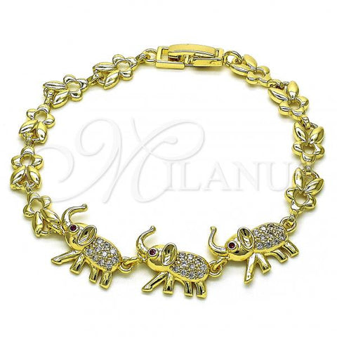 Oro Laminado Fancy Bracelet, Gold Filled Style Elephant and Leaf Design, with White and Ruby Micro Pave, Polished, Golden Finish, 03.284.0023.07