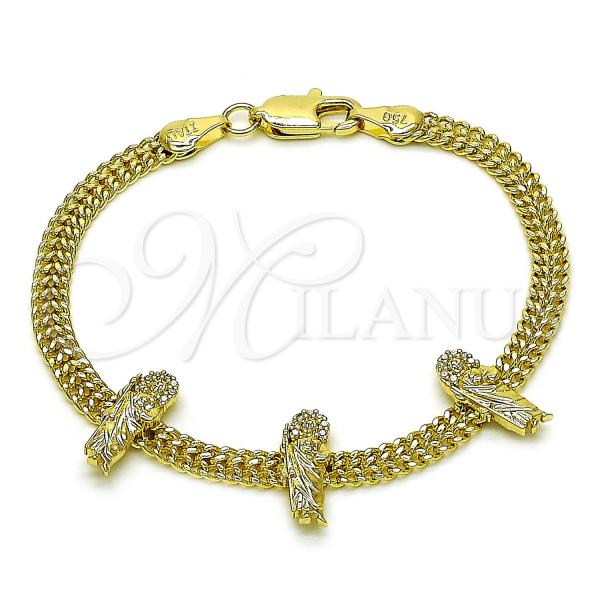 Oro Laminado Fancy Bracelet, Gold Filled Style San Judas and Bismark Design, with White Micro Pave, Polished, Golden Finish, 03.411.0048.07