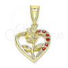 Oro Laminado Fancy Pendant, Gold Filled Style Flower and Heart Design, with Garnet Crystal, Polished, Golden Finish, 05.253.0152.1