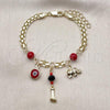 Oro Laminado Fancy Bracelet, Gold Filled Style Bismark and Evil Eye Design, with Garnet Pearl, Polished, Golden Finish, 03.213.0363.07
