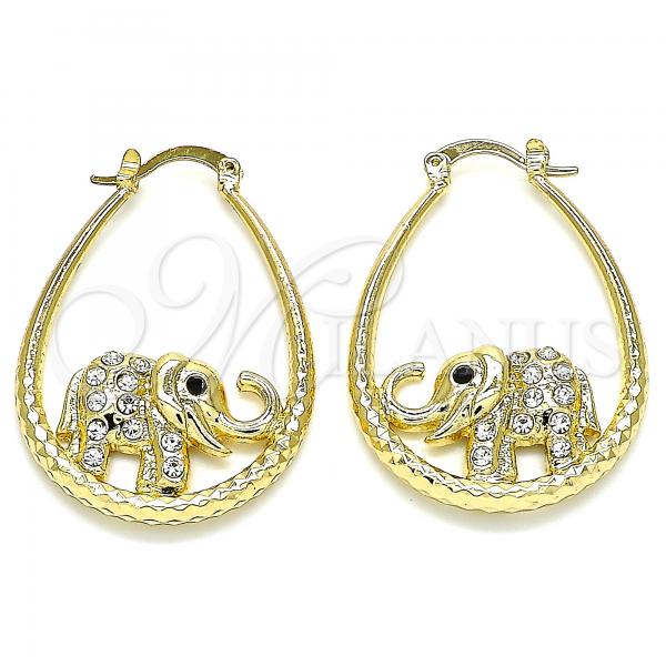 Oro Laminado Medium Hoop, Gold Filled Style Elephant Design, with White and Black Crystal, Diamond Cutting Finish, Golden Finish, 02.380.0060.30