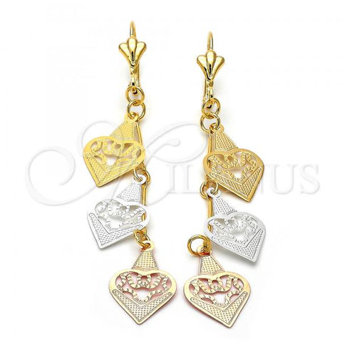 Oro Laminado Long Earring, Gold Filled Style Heart Design, Diamond Cutting Finish, Tricolor, 85.003