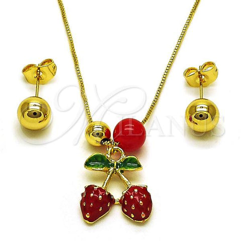 Oro Laminado Earring and Pendant Adult Set, Gold Filled Style Strawberry and Ball Design, with Garnet Pearl, Red Enamel Finish, Golden Finish, 10.417.0024