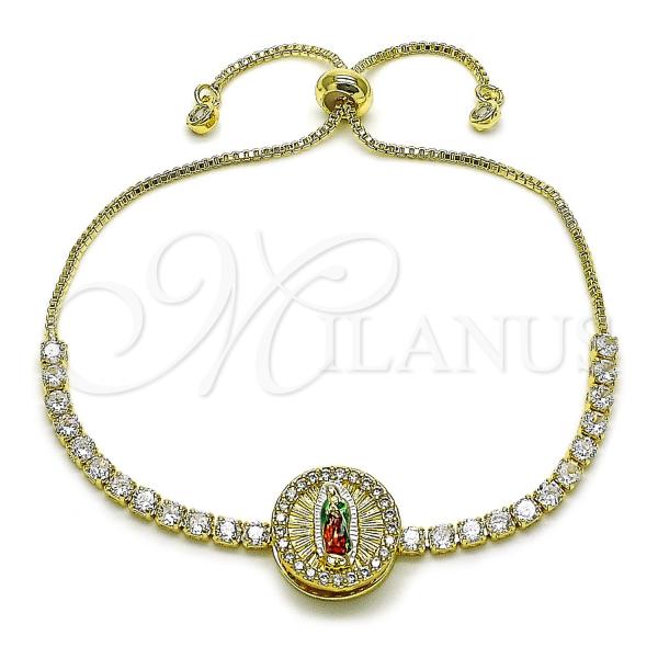 Oro Laminado Adjustable Bolo Bracelet, Gold Filled Style Guadalupe and Box Design, with White Cubic Zirconia, Polished, Tricolor, 03.411.0072.11