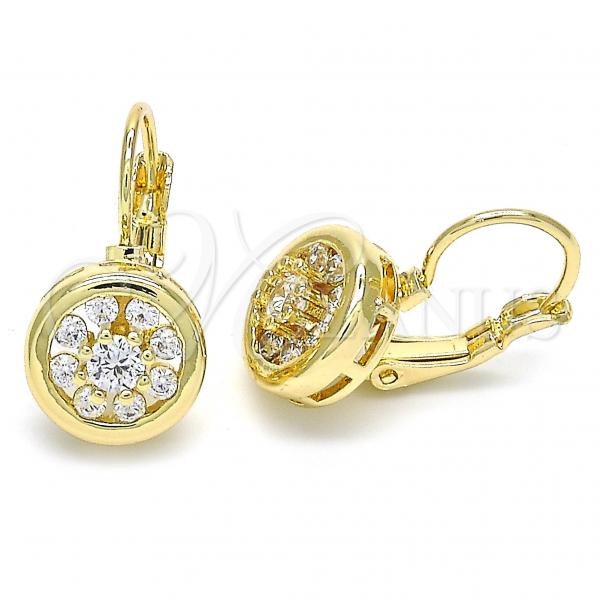 Oro Laminado Leverback Earring, Gold Filled Style Flower Design, with White Cubic Zirconia, Polished, Golden Finish, 02.210.0216