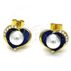 Oro Laminado Stud Earring, Gold Filled Style Heart Design, with Ivory Pearl, Blue Enamel Finish, Golden Finish, 02.379.0020.4