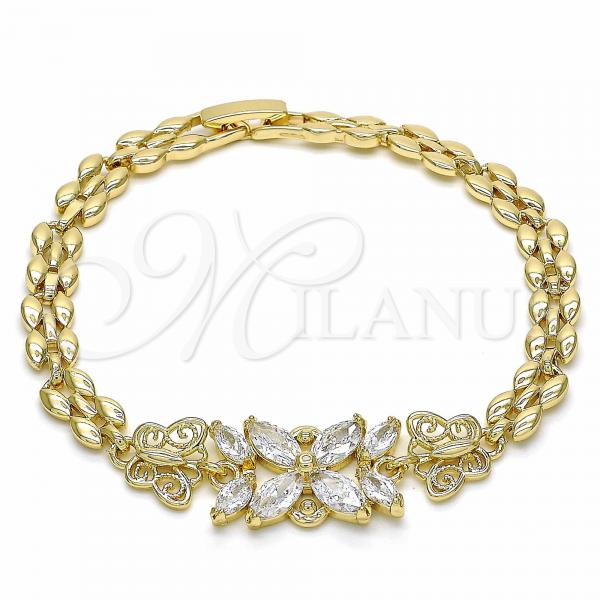 Oro Laminado Fancy Bracelet, Gold Filled Style Flower and Butterfly Design, with White Cubic Zirconia, Polished, Golden Finish, 03.357.0014.07