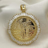 Oro Laminado Religious Pendant, Gold Filled Style Centenario Coin and Angel Design, with White Cubic Zirconia, Polished, Golden Finish, 05.380.0157