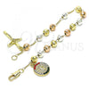 Oro Laminado Charm Bracelet, Gold Filled Style San Benito and Crucifix Design, with Multicolor Crystal, Diamond Cutting Finish, Tricolor, 03.380.0116.1.08