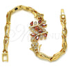 Oro Laminado Fancy Bracelet, Gold Filled Style Leaf and Fish Design, with Garnet and White Cubic Zirconia, Polished, Golden Finish, 03.210.0097.1.08