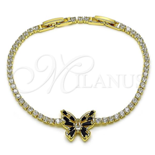 Oro Laminado Tennis Bracelet, Gold Filled Style Butterfly and Baguette Design, with Black and White Cubic Zirconia, Polished, Golden Finish, 03.284.0040.4.08