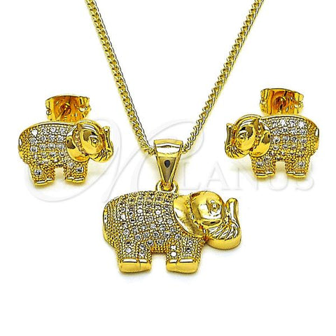 Oro Laminado Earring and Pendant Adult Set, Gold Filled Style Elephant Design, with White Micro Pave, Polished, Golden Finish, 10.342.0124