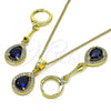 Oro Laminado Earring and Pendant Adult Set, Gold Filled Style Teardrop Design, with Sapphire Blue Cubic Zirconia and White Micro Pave, Polished, Golden Finish, 10.387.0006.2