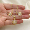 Oro Laminado Earring and Pendant Adult Set, Gold Filled Style Baguette and Cluster Design, with White Cubic Zirconia and White Micro Pave, Polished, Golden Finish, 10.342.0097