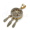 Oro Laminado Religious Pendant, Gold Filled Style Flower and Heart Design, with White Micro Pave, Polished, Golden Finish, 05.342.0089