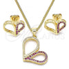 Oro Laminado Earring and Pendant Adult Set, Gold Filled Style Heart Design, with Ruby Micro Pave, Polished, Golden Finish, 10.156.0262.1