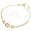 Oro Laminado Adjustable Bolo Bracelet, Gold Filled Style Flower and Crown Design, with Ruby and White Cubic Zirconia, Polished, Golden Finish, 03.233.0015.1.12