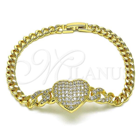 Oro Laminado Fancy Bracelet, Gold Filled Style Heart and Miami Cuban Design, with White Micro Pave, Polished, Golden Finish, 03.283.0375.07
