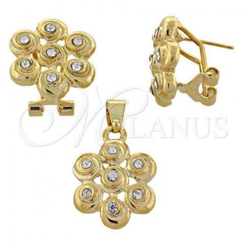 Oro Laminado Earring and Pendant Adult Set, Gold Filled Style Flower Design, with White Crystal, Polished, Golden Finish, 5.053.003