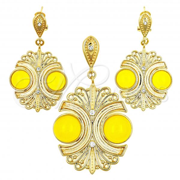 Oro Laminado Earring and Pendant Adult Set, Gold Filled Style Ball Design, with Yellow Opal and White Crystal, Polished, Golden Finish, 10.91.0342.3