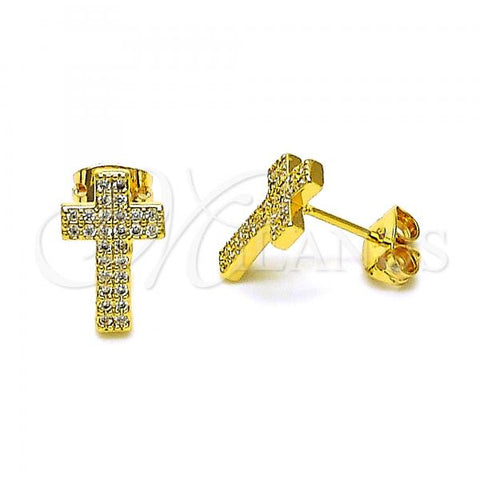Oro Laminado Stud Earring, Gold Filled Style Cross Design, with White Micro Pave, Polished, Golden Finish, 02.342.0258