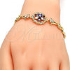 Oro Laminado Fancy Bracelet, Gold Filled Style Flower and Leaf Design, with Amethyst and White Cubic Zirconia, Polished, Golden Finish, 03.210.0042.2.08