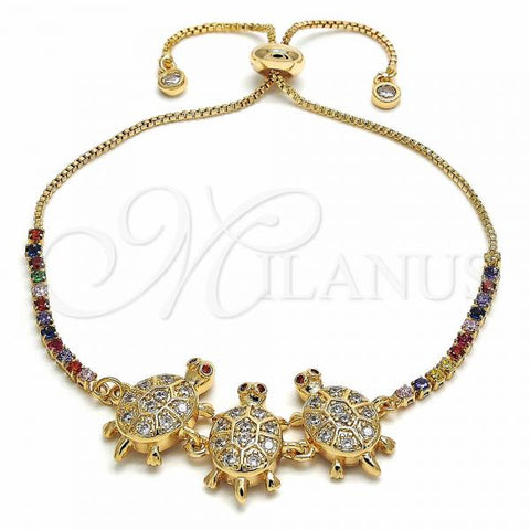 Oro Laminado Adjustable Bolo Bracelet, Gold Filled Style Turtle Design, with White and Multicolor Cubic Zirconia, Polished, Golden Finish, 03.316.0057.11