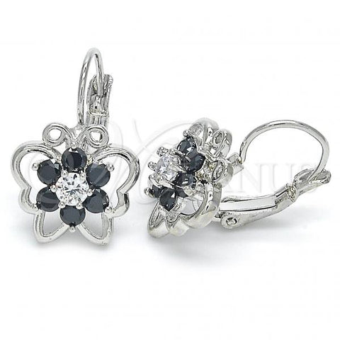 Rhodium Plated Leverback Earring, Butterfly and Flower Design, with Black and White Cubic Zirconia, Polished, Rhodium Finish, 02.210.0221.6