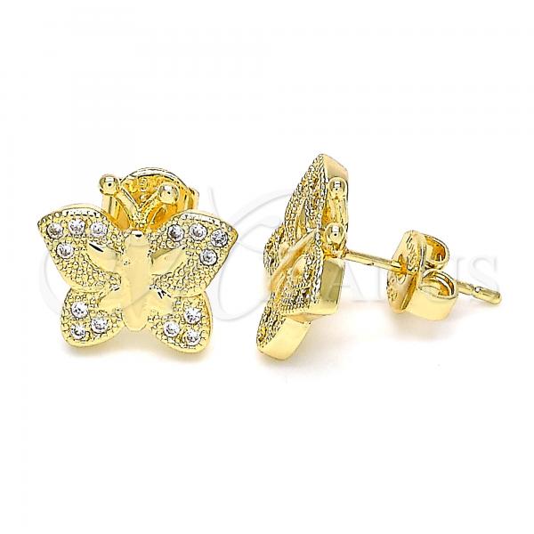 Oro Laminado Stud Earring, Gold Filled Style Butterfly Design, with White Micro Pave, Polished, Golden Finish, 02.156.0408