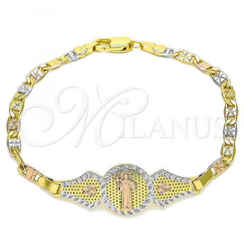 Oro Laminado Fancy Bracelet, Gold Filled Style San Benito and Heart Design, Polished, Tricolor, 03.253.0052.08