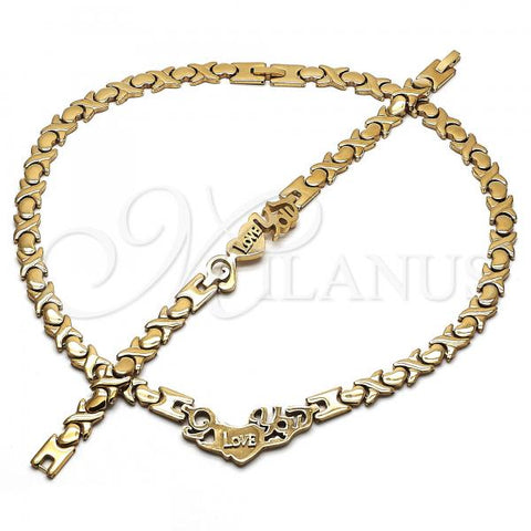 Stainless Steel Necklace and Bracelet, Hugs and Kisses and Love Design, Polished, Golden Finish, 06.231.0001.5