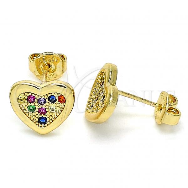 Oro Laminado Stud Earring, Gold Filled Style Heart Design, with Multicolor Micro Pave, Polished, Golden Finish, 02.156.0394.3