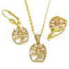 Oro Laminado Earring and Pendant Adult Set, Gold Filled Style Leaf Design, with White Cubic Zirconia, Polished, Golden Finish, 10.287.0009