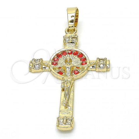 Oro Laminado Religious Pendant, Gold Filled Style Crucifix Design, with Garnet and White Crystal, Polished, Golden Finish, 05.213.0015