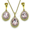 Oro Laminado Earring and Pendant Adult Set, Gold Filled Style Teardrop Design, with Pink and White Crystal, Polished, Golden Finish, 10.379.0045.2