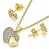 Oro Laminado Earring and Pendant Adult Set, Gold Filled Style Heart Design, with White Micro Pave, Polished, Golden Finish, 10.344.0007
