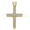 Oro Laminado Religious Pendant, Gold Filled Style Cross Design, with White Micro Pave, Polished, Golden Finish, 05.342.0074