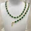 Oro Laminado Necklace and Bracelet, Gold Filled Style Heart Design, with Green and White Cubic Zirconia, Polished, Golden Finish, 06.284.0006.1
