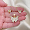 Oro Laminado Earring and Pendant Adult Set, Gold Filled Style Butterfly Design, with White Micro Pave, Polished, Golden Finish, 10.342.0066